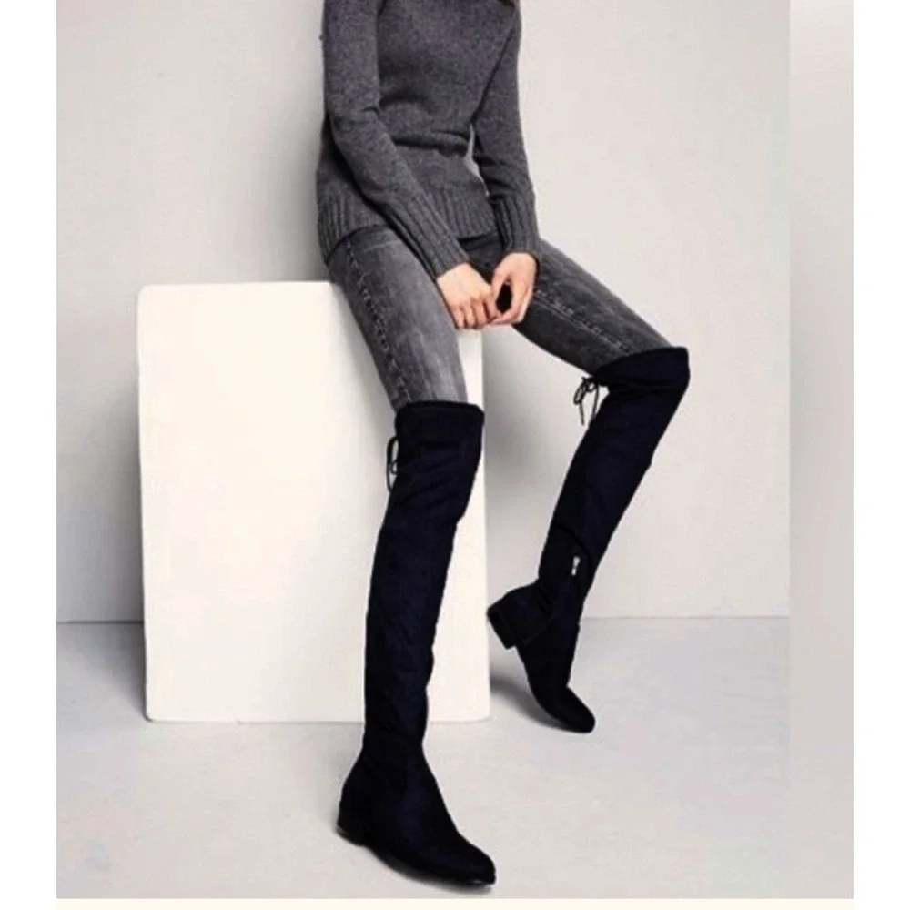 Marc Fisher Black Faux Suede Over The Knee Flat Boots Size 5 Tie Back Thigh High